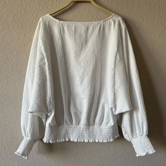 Anthropologie Rebecca Dolman Sleeve Smocked Hem Top White - Picture 7 of 8